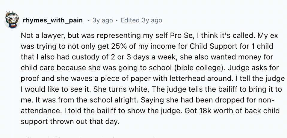 number - rhymes_with_pain 3y ago Edited 3y ago Not a lawyer, but was representing my self Pro Se, I think it's called. My ex was trying to not only get 25% of my income for Child Support for 1 child that I also had custody of 2 or 3 days a week, she also 